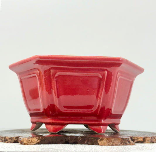 Chinese Yixing Bonsai Pot | Hexagon Red Glaze – 21 cm