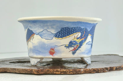 Chinese Yixing - White/Blue Dragon Painted Bonsai Pot.