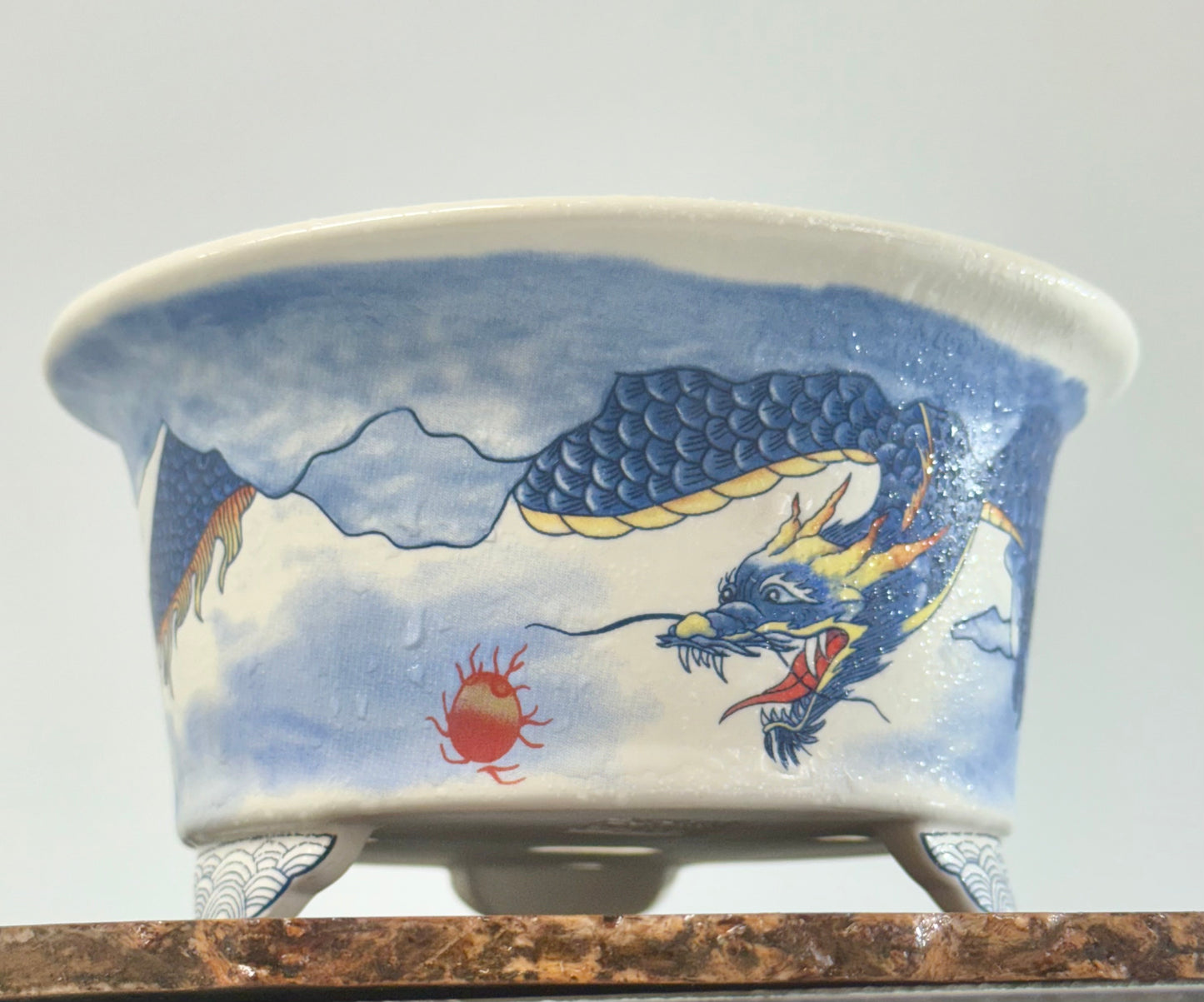Chinese Yixing - White/Blue Dragon Painted Bonsai Pot.