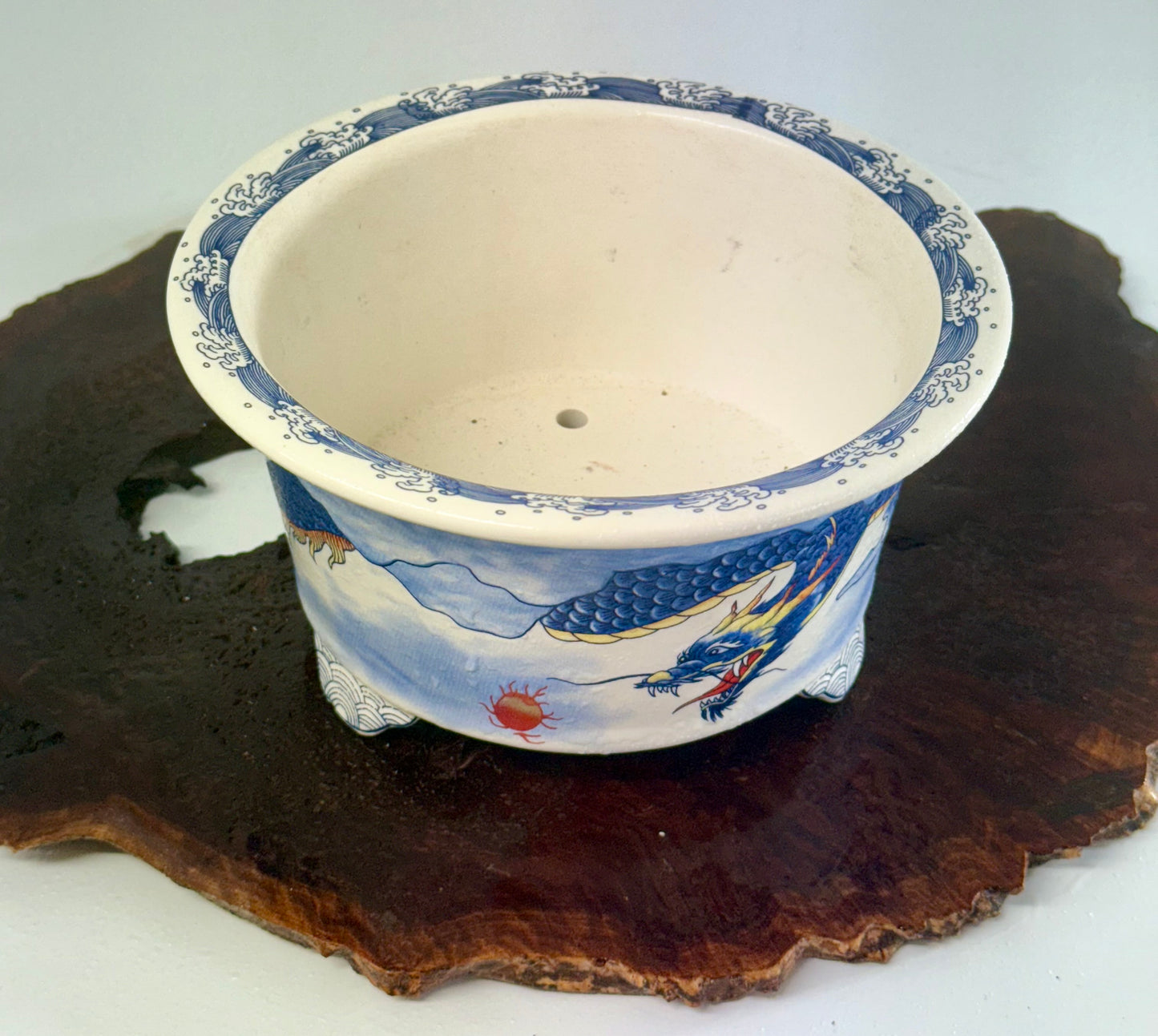 Chinese Yixing - White/Blue Dragon Painted Bonsai Pot.