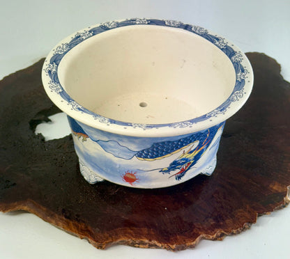 Chinese Yixing - White/Blue Dragon Painted Bonsai Pot.