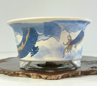 Chinese Yixing - White/Blue Dragon Painted Bonsai Pot.