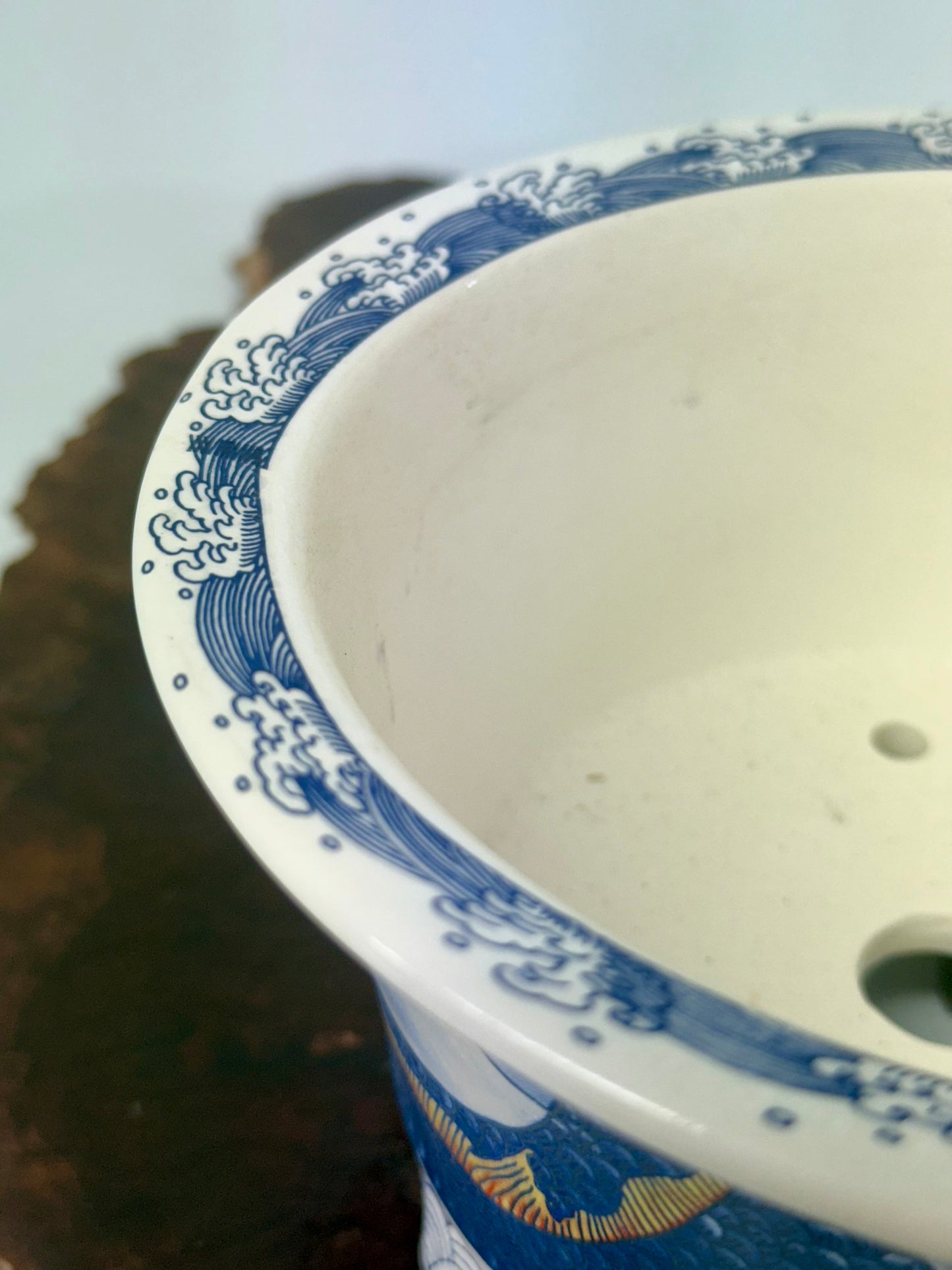 Chinese Yixing - White/Blue Dragon Painted Bonsai Pot.