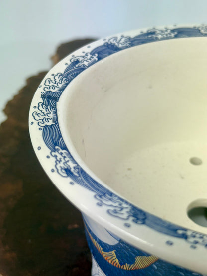 Chinese Yixing - White/Blue Dragon Painted Bonsai Pot.