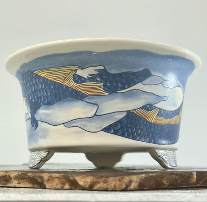 Chinese Yixing - White/Blue Dragon Painted Bonsai Pot.