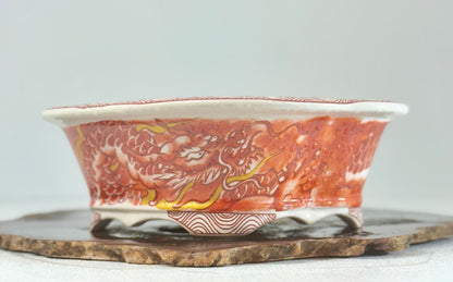 Chinese Yixing - Red/Orange and White Dragon Painted Bonsai Pot.