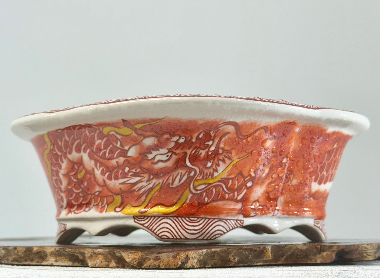 Chinese Yixing - Red/Orange and White Dragon Painted Bonsai Pot.