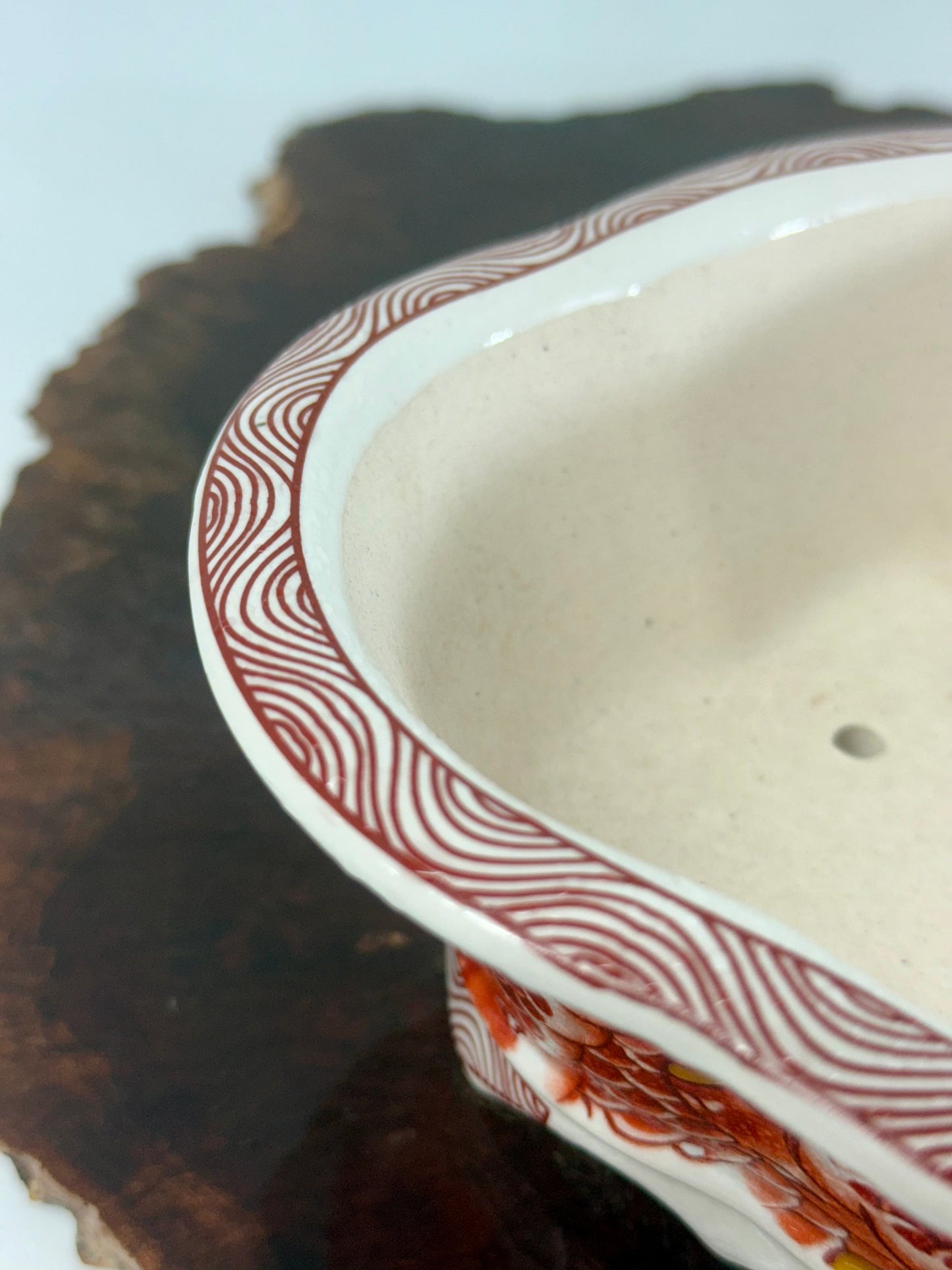 Chinese Yixing - Red/Orange and White Dragon Painted Bonsai Pot.