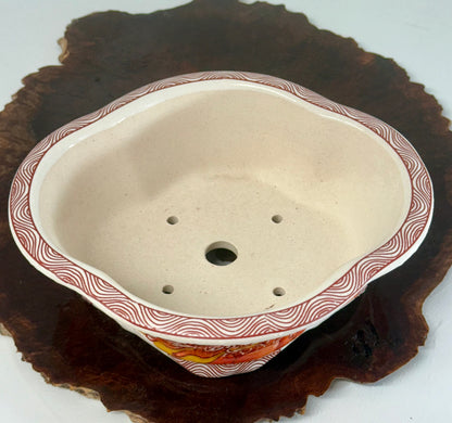 Chinese Yixing - Red/Orange and White Dragon Painted Bonsai Pot.