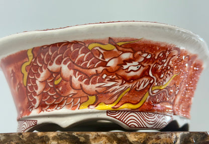 Chinese Yixing - Red/Orange and White Dragon Painted Bonsai Pot.