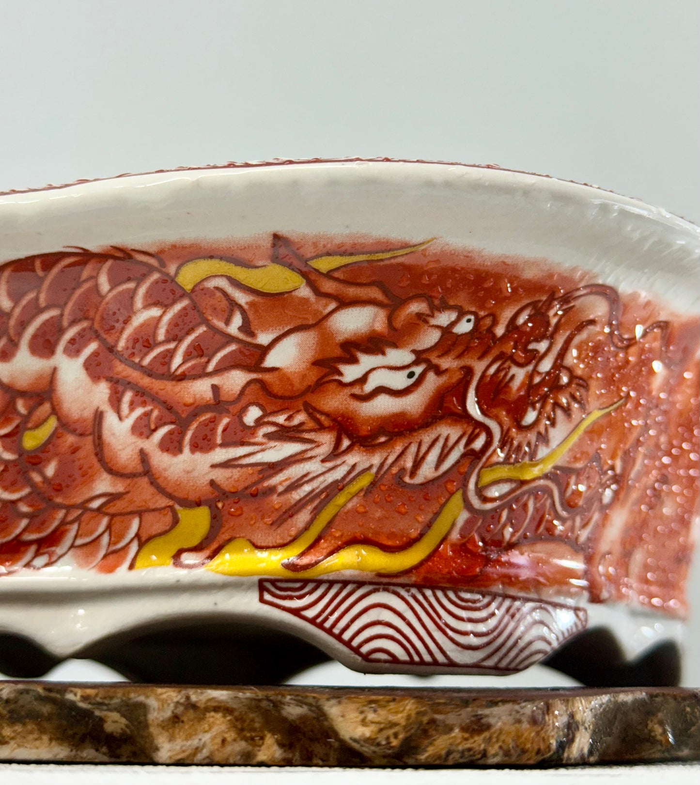 Chinese Yixing - Red/Orange and White Dragon Painted Bonsai Pot.
