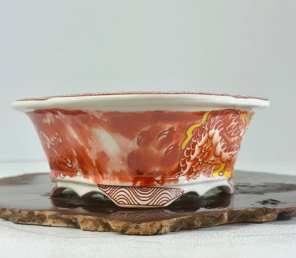 Chinese Yixing - Red/Orange and White Dragon Painted Bonsai Pot.