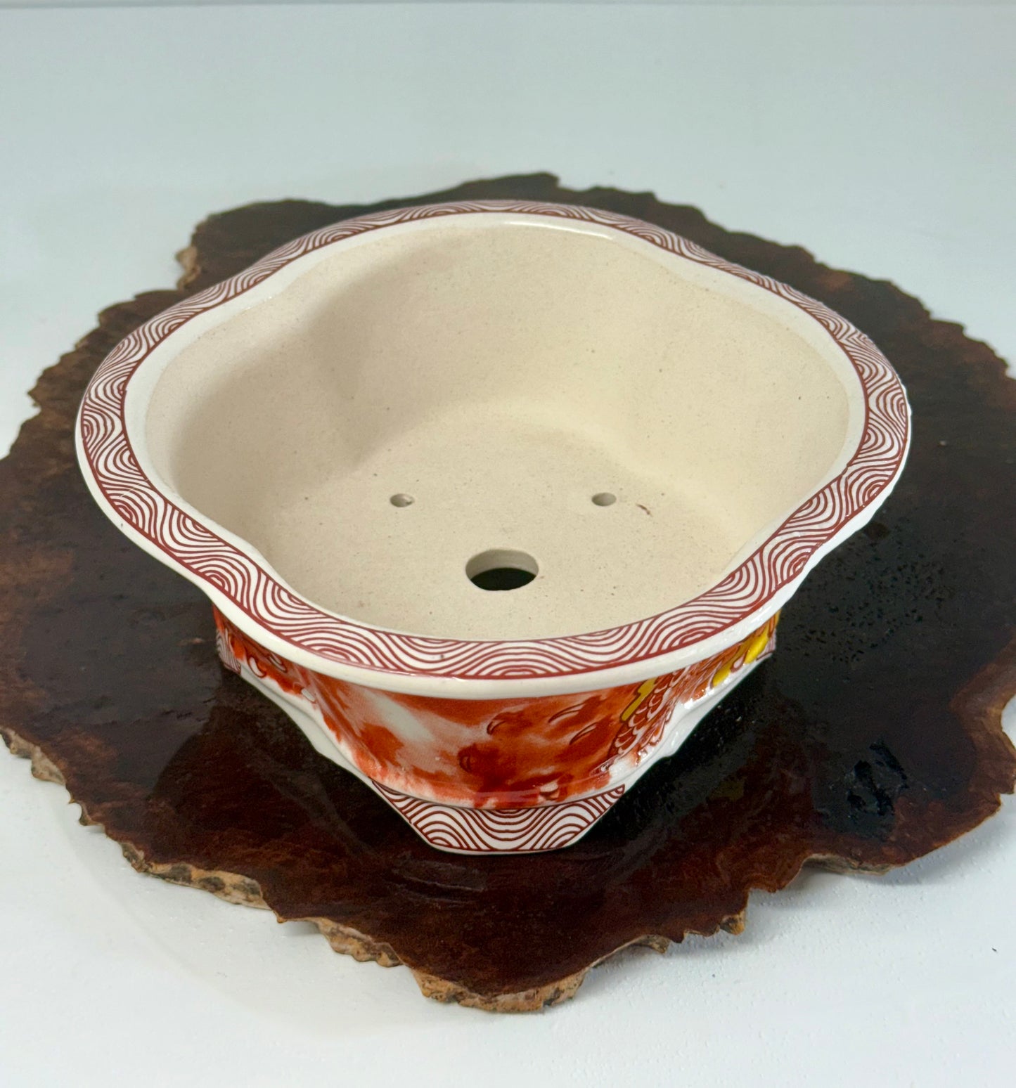Chinese Yixing - Red/Orange and White Dragon Painted Bonsai Pot.