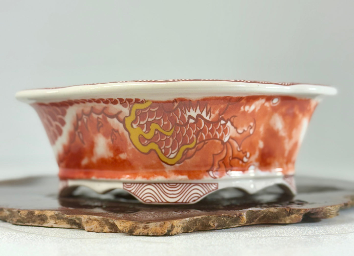 Chinese Yixing - Red/Orange and White Dragon Painted Bonsai Pot.