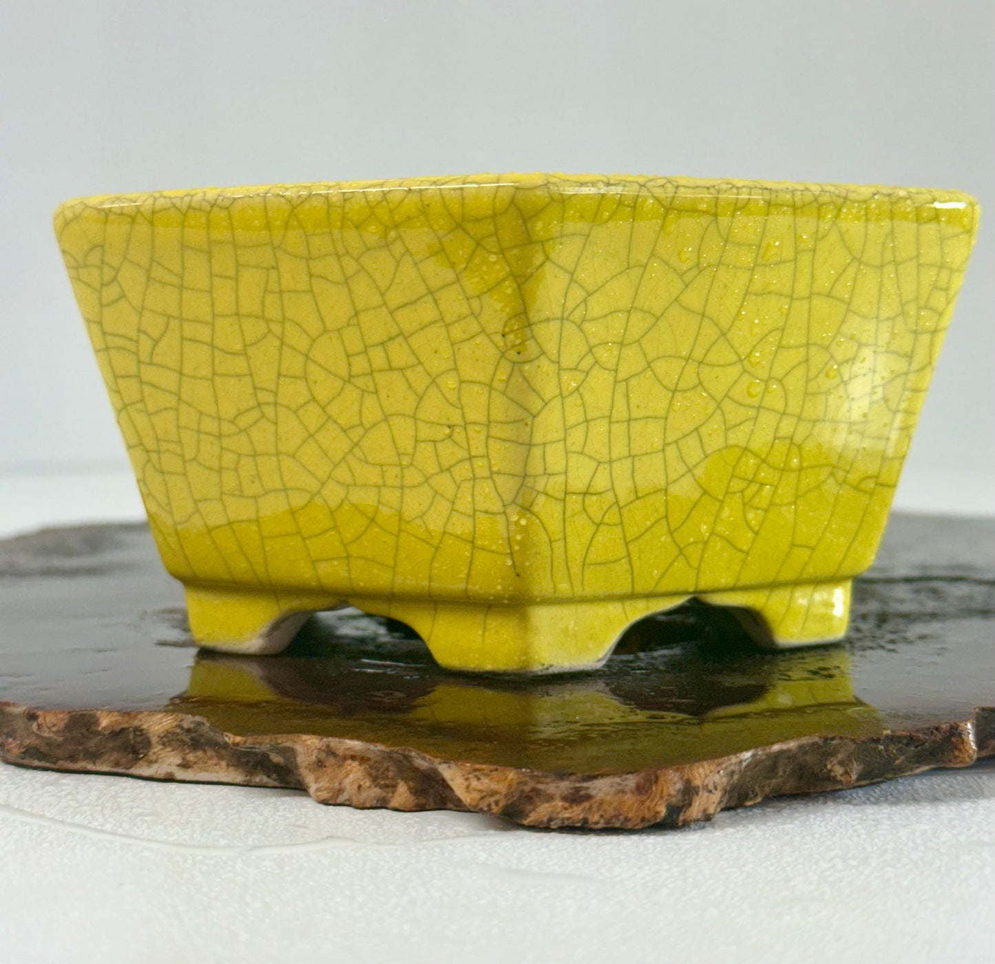 Chinese Yixing - Yellow Crackle/Inked Glazed Bonsai Pot.