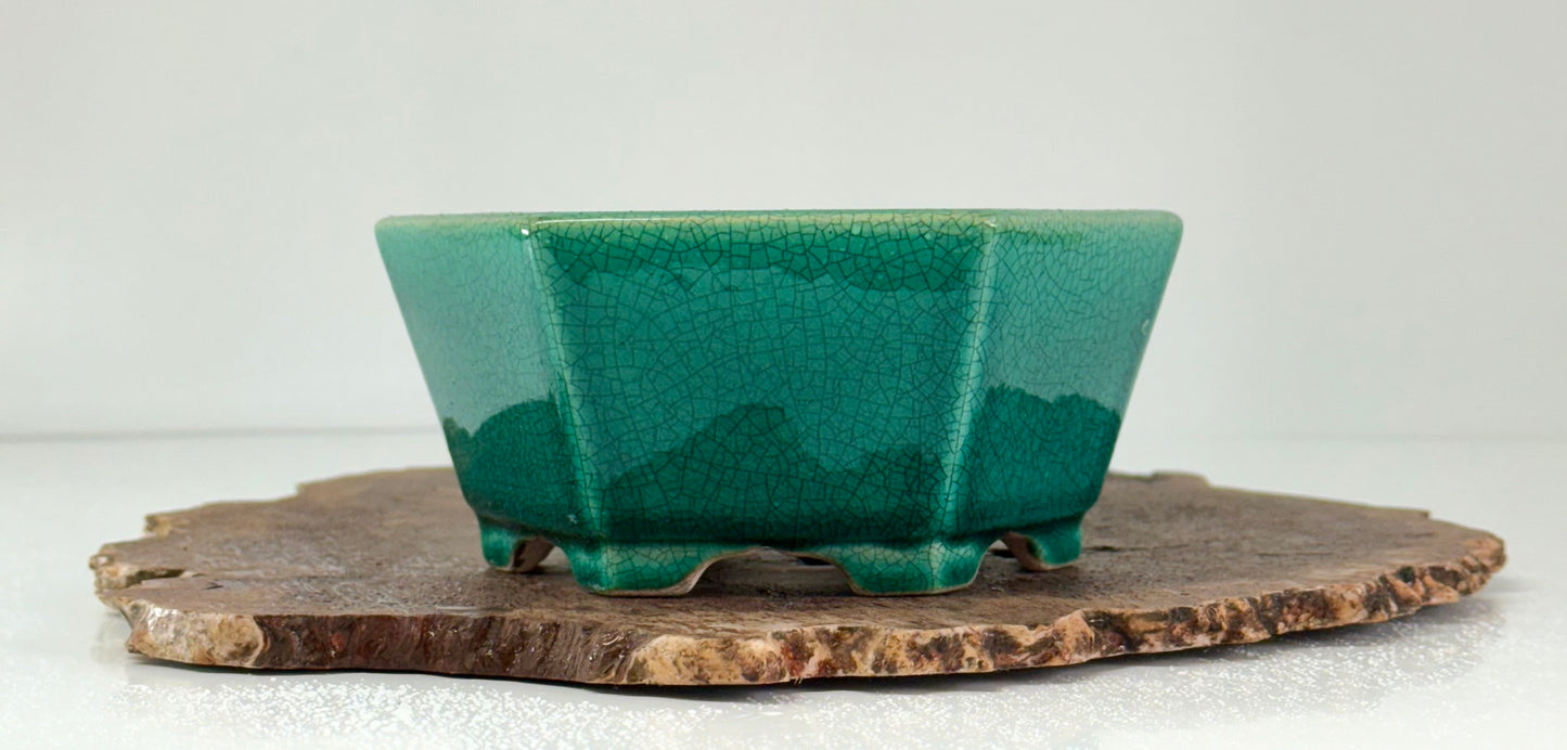 Chinese Yixing - Green Crackle/Inked Glazed Bonsai Pot.