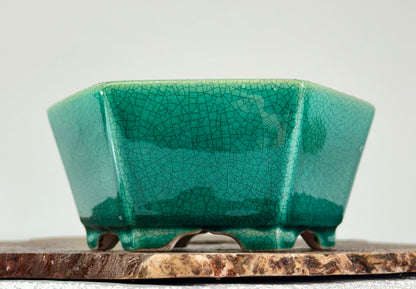 Chinese Yixing - Green Crackle/Inked Glazed Bonsai Pot.