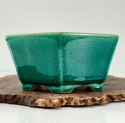 Chinese Yixing - Green Crackle/Inked Glazed Bonsai Pot.