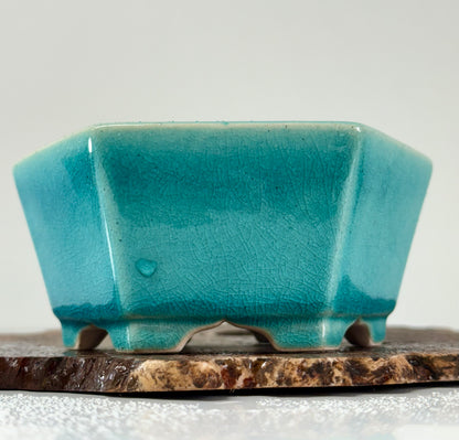 Chinese Yixing - Turquoise Crackle/Inked Glazed Bonsai Pot.
