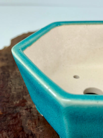 Chinese Yixing - Turquoise Crackle/Inked Glazed Bonsai Pot.