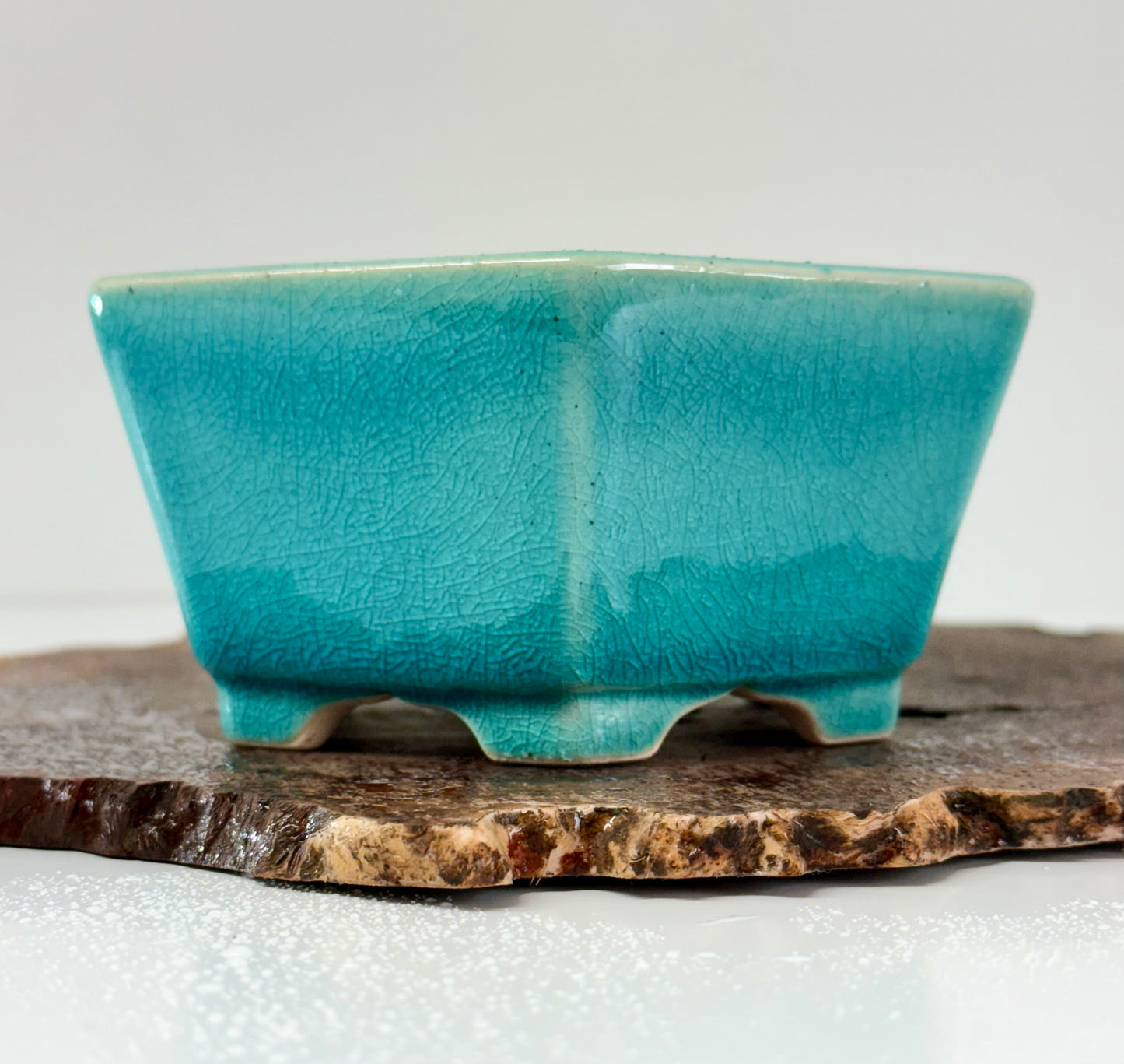 Chinese Yixing - Turquoise Crackle/Inked Glazed Bonsai Pot.