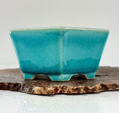 Chinese Yixing - Turquoise Crackle/Inked Glazed Bonsai Pot.