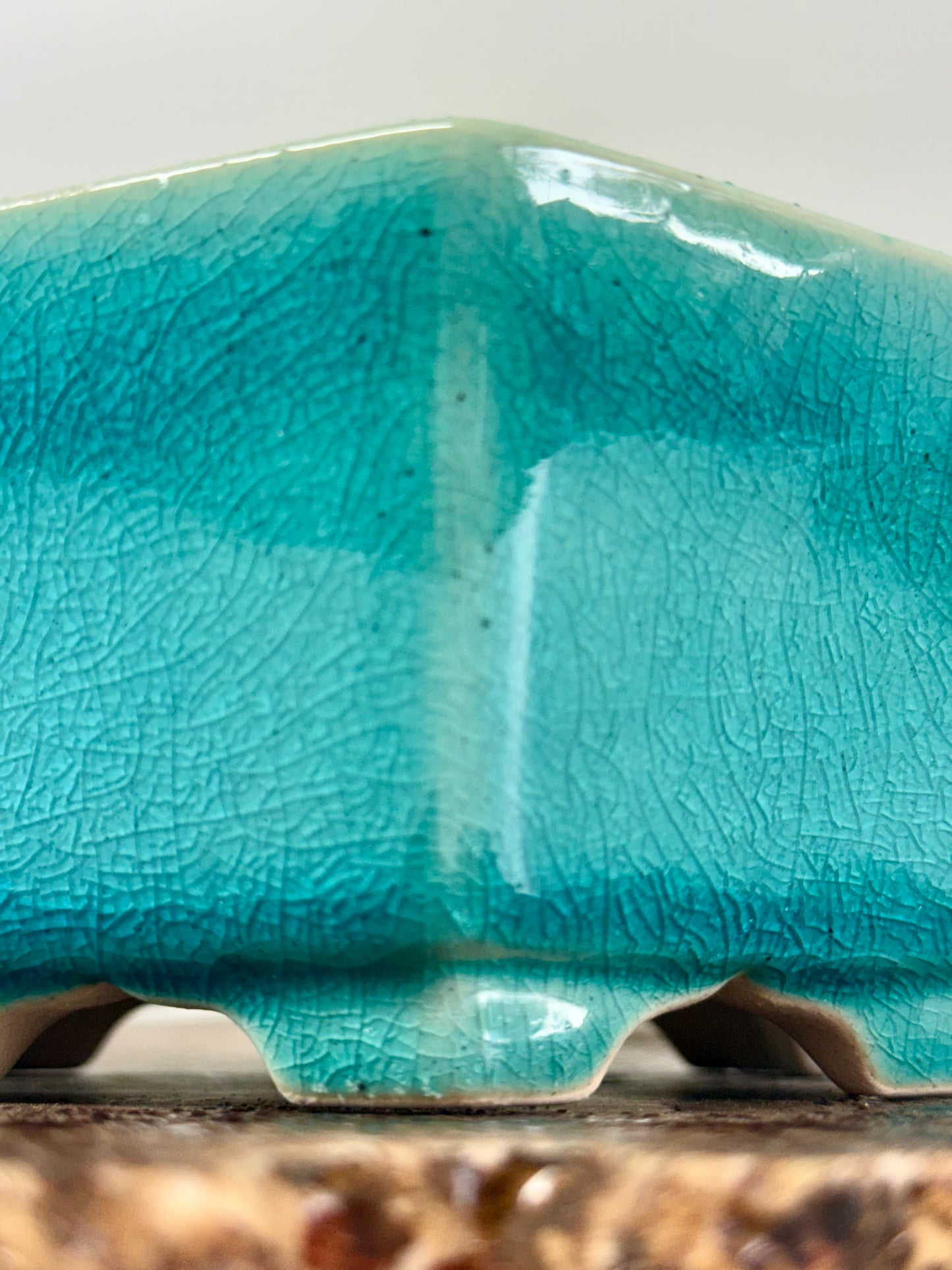 Chinese Yixing - Turquoise Crackle/Inked Glazed Bonsai Pot.