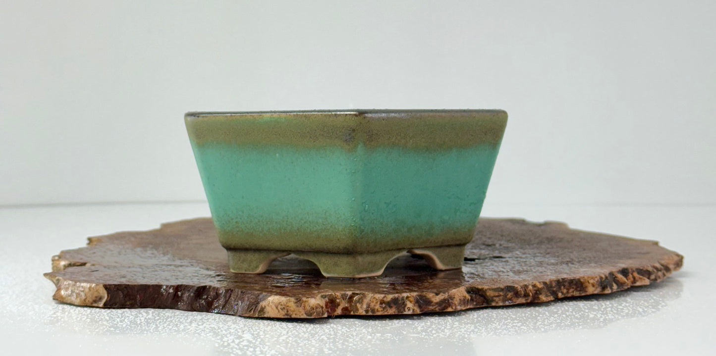 Chinese Yixing - Faded Green Crackle/Inked Glazed Bonsai Pot.
