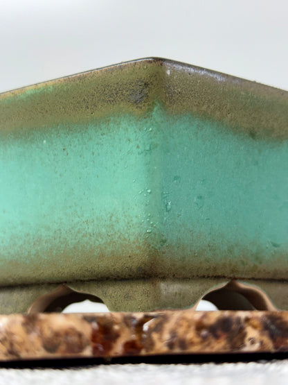 Chinese Yixing - Faded Green Crackle/Inked Glazed Bonsai Pot.
