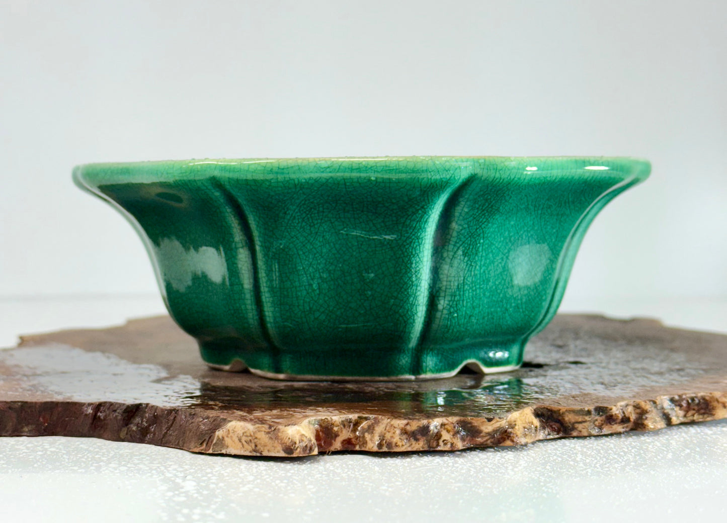 Chinese Yixing - Green Crackle/Inked Glazed Bonsai Pot.