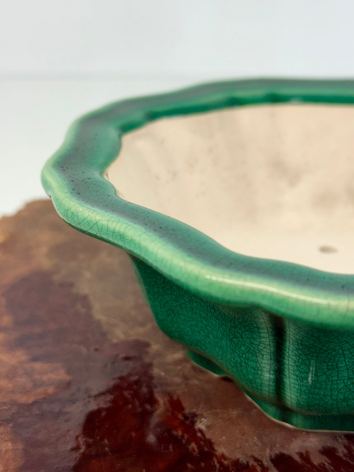 Chinese Yixing - Green Crackle/Inked Glazed Bonsai Pot.