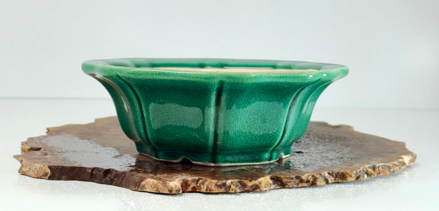 Chinese Yixing - Green Crackle/Inked Glazed Bonsai Pot.