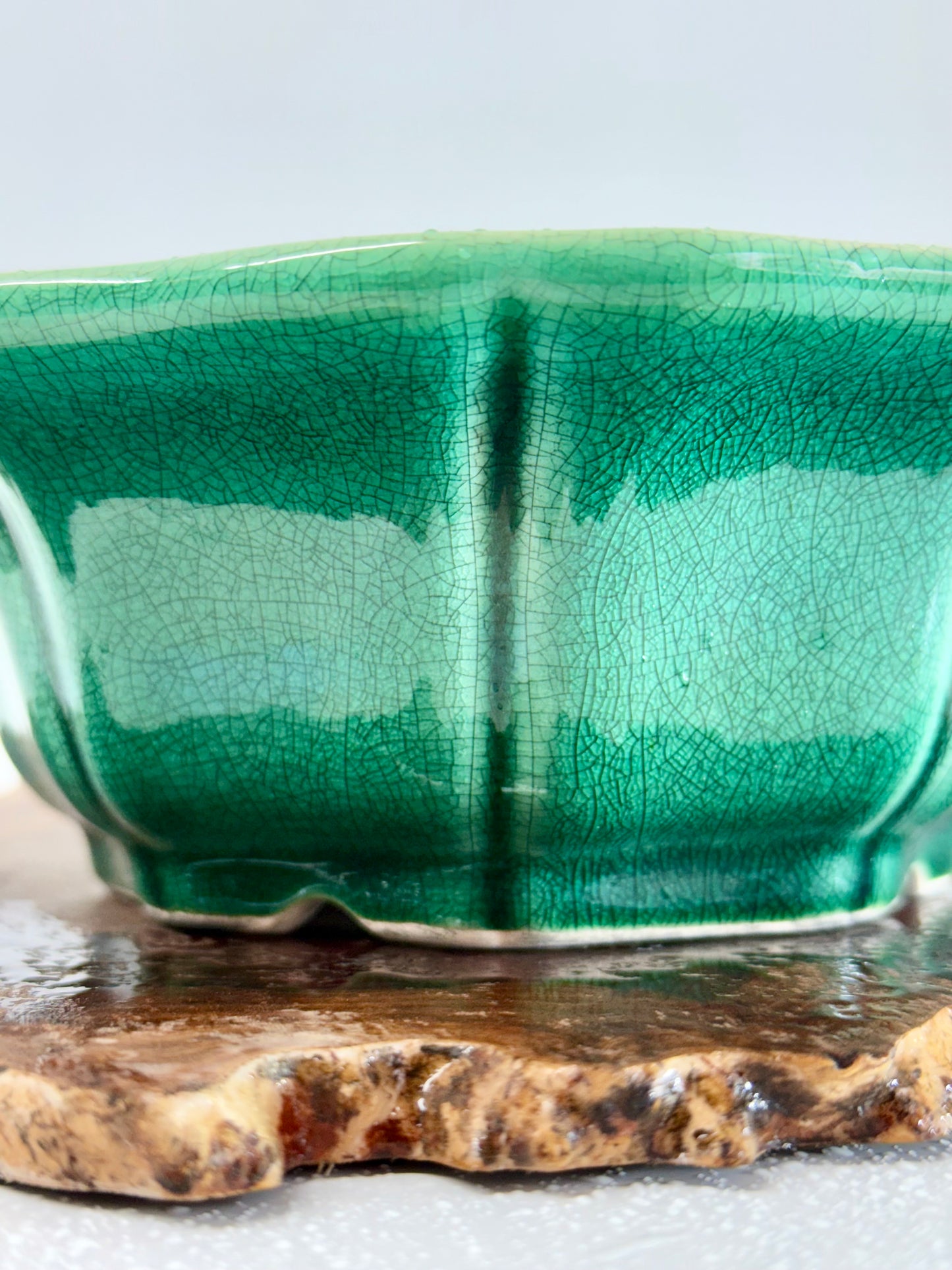 Chinese Yixing - Green Crackle/Inked Glazed Bonsai Pot.