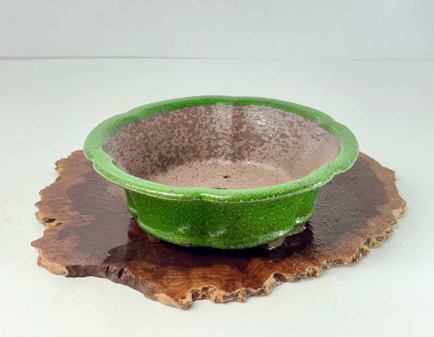 Chinese Yixing - Wood Fired Premium Green Speckled Glazed Bonsai Pot.
