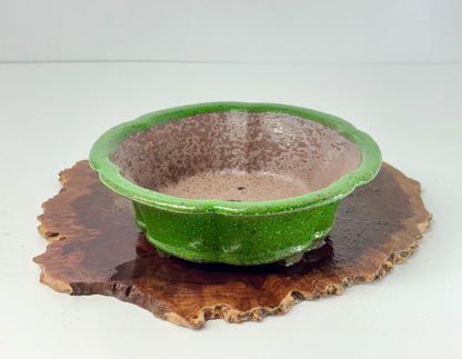 Chinese Yixing - Wood Fired Premium Green Speckled Glazed Bonsai Pot.