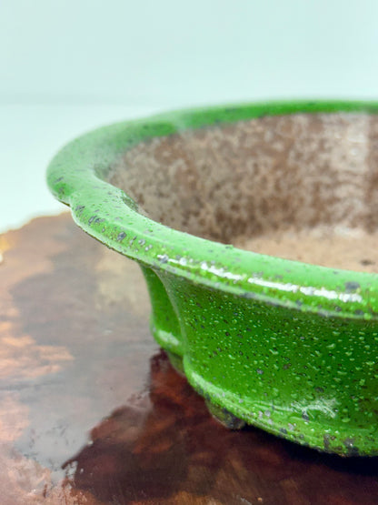 Chinese Yixing - Wood Fired Premium Green Speckled Glazed Bonsai Pot.