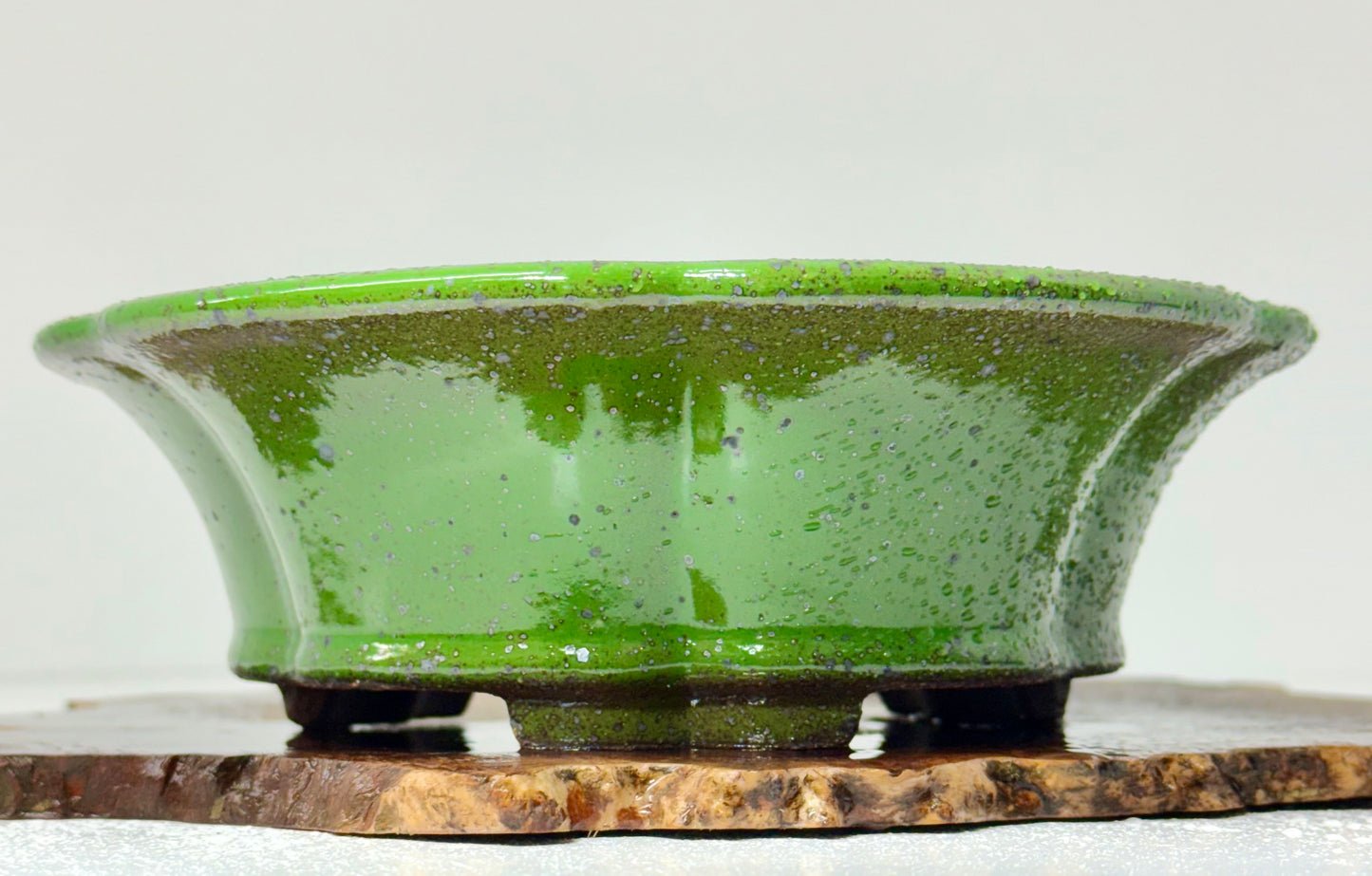 Chinese Yixing - Wood Fired Premium Green Speckled Glazed Bonsai Pot.