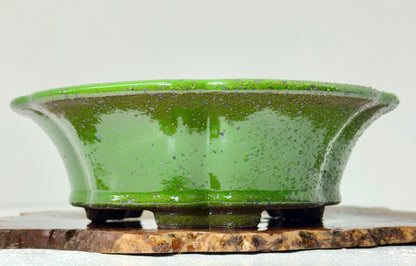 Chinese Yixing - Wood Fired Premium Green Speckled Glazed Bonsai Pot.