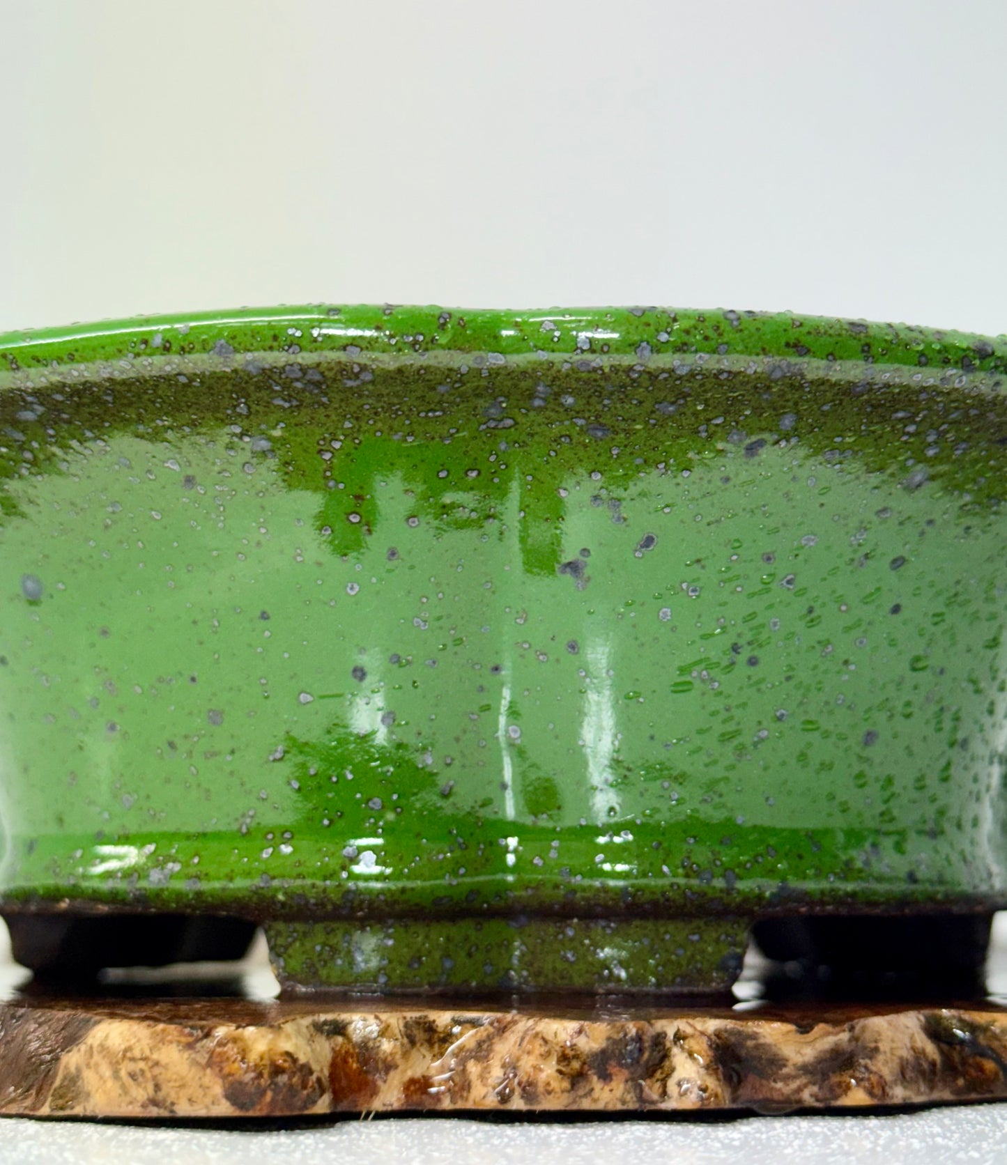 Chinese Yixing - Wood Fired Premium Green Speckled Glazed Bonsai Pot.