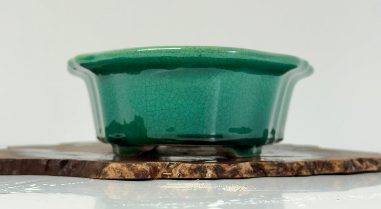 Chinese Yixing - Green Crackle/Inked Glazed Bonsai Pot.