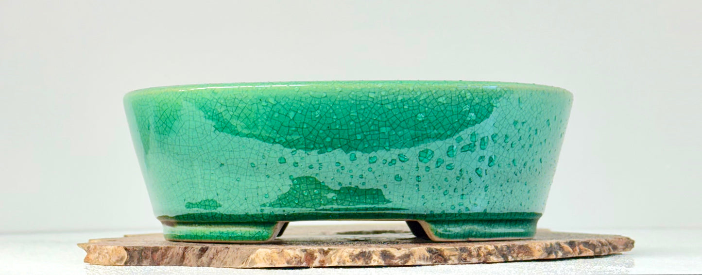 Chinese Yixing Bonsai Pot | Oval Crackled/ Inked Green Glaze – 23.5cm