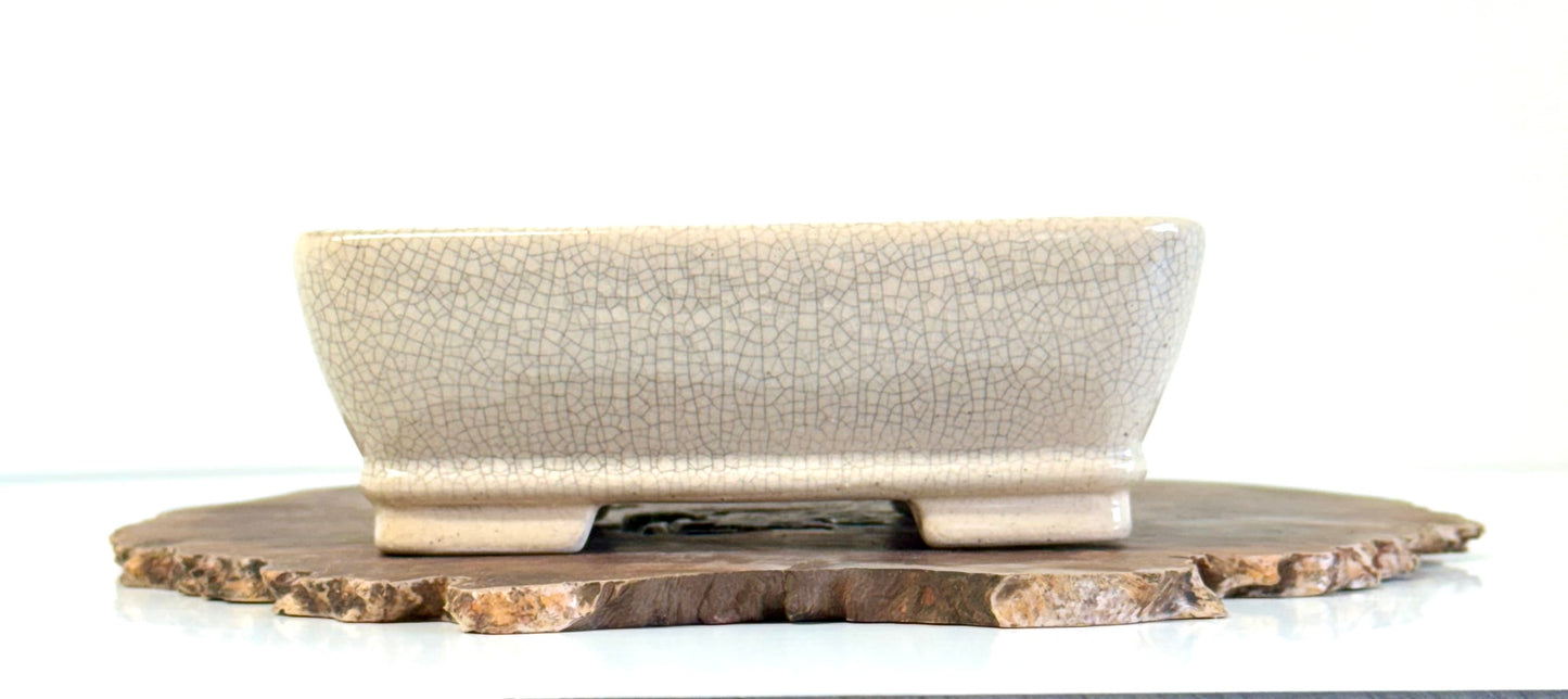 Chinese Yixing Bonsai Pot | Rectangle Crackled/ Inked Cream Glaze – 17.5cm