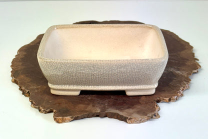 Chinese Yixing Bonsai Pot | Rectangle Crackled/ Inked Cream Glaze – 17.5cm