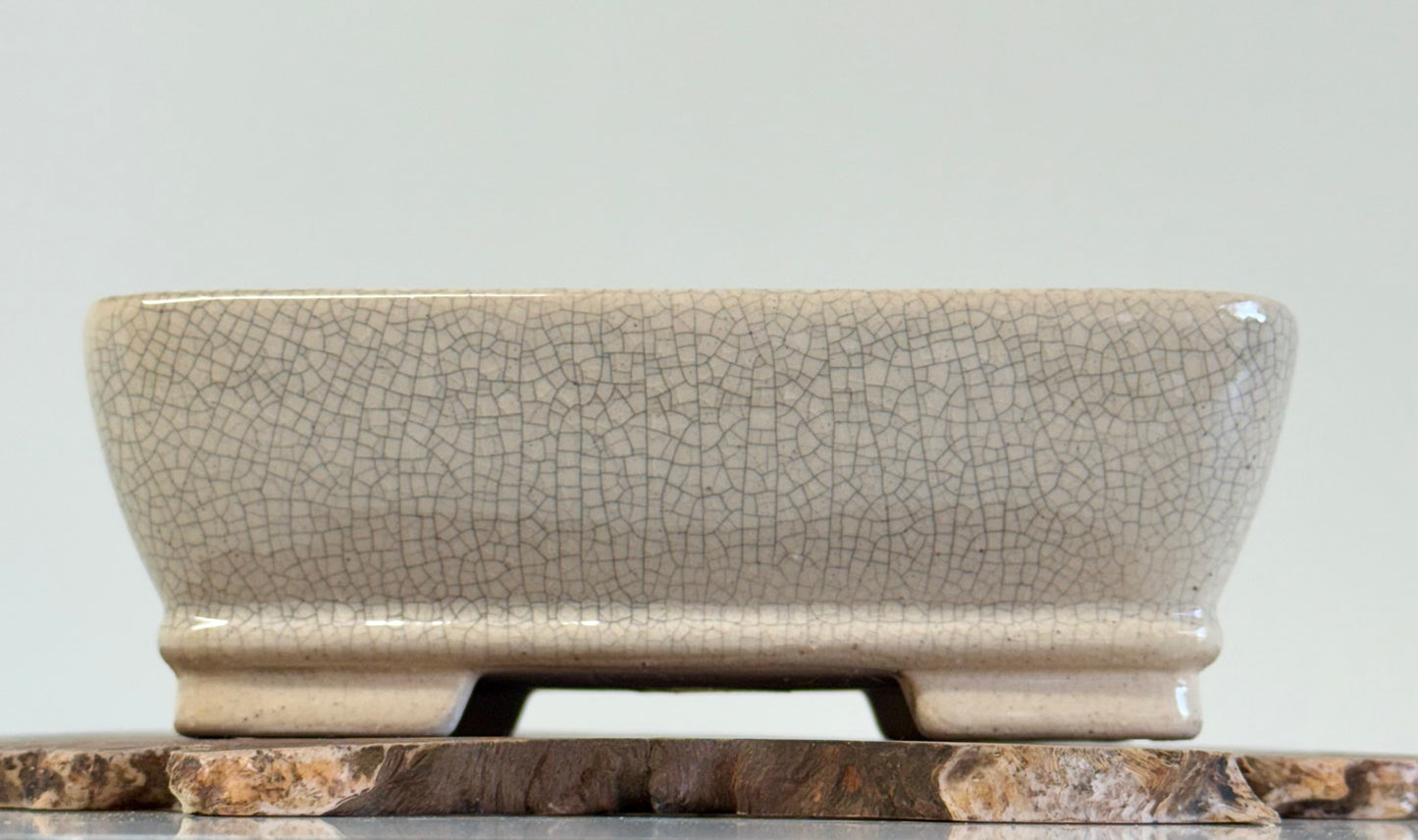Chinese Yixing Bonsai Pot | Rectangle Crackled/ Inked Cream Glaze – 17.5cm