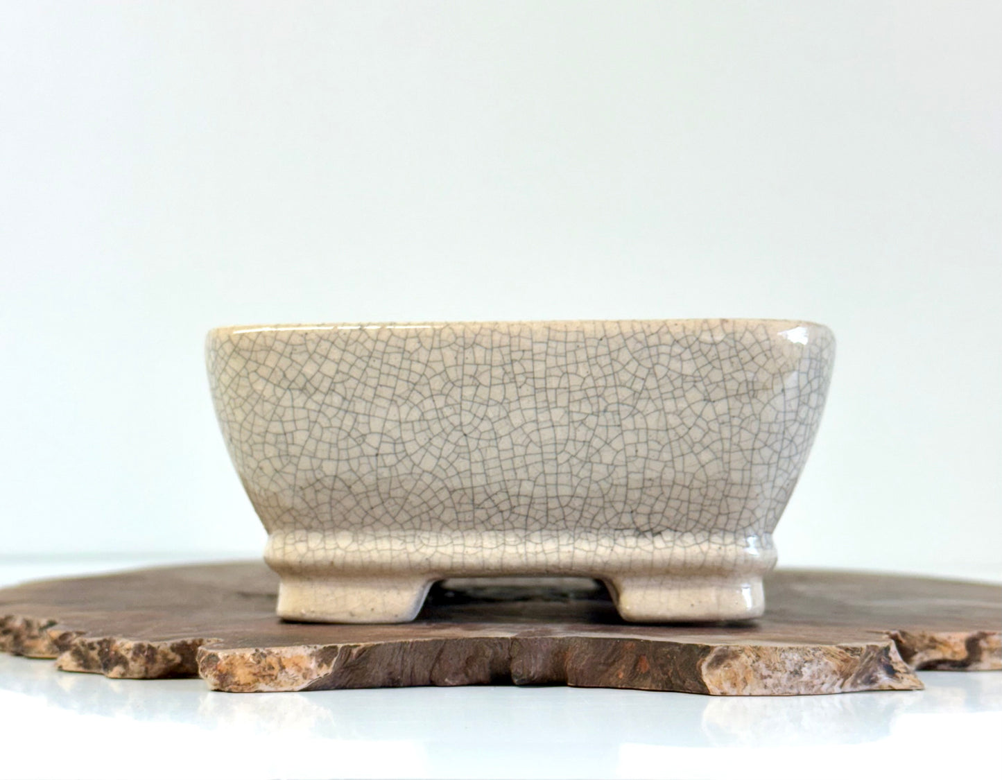 Chinese Yixing Bonsai Pot | Rectangle Crackled/ Inked Cream Glaze – 17.5cm