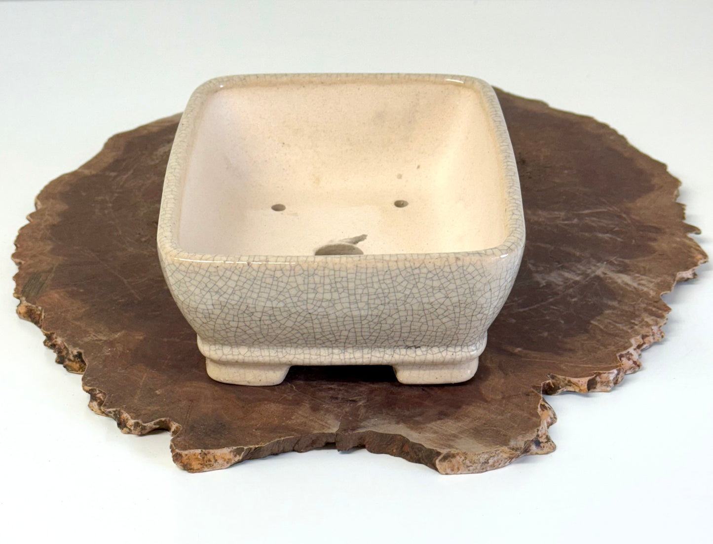 Chinese Yixing Bonsai Pot | Rectangle Crackled/ Inked Cream Glaze – 17.5cm