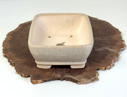 Chinese Yixing Bonsai Pot | Rectangle Crackled/ Inked Cream Glaze – 17.5cm