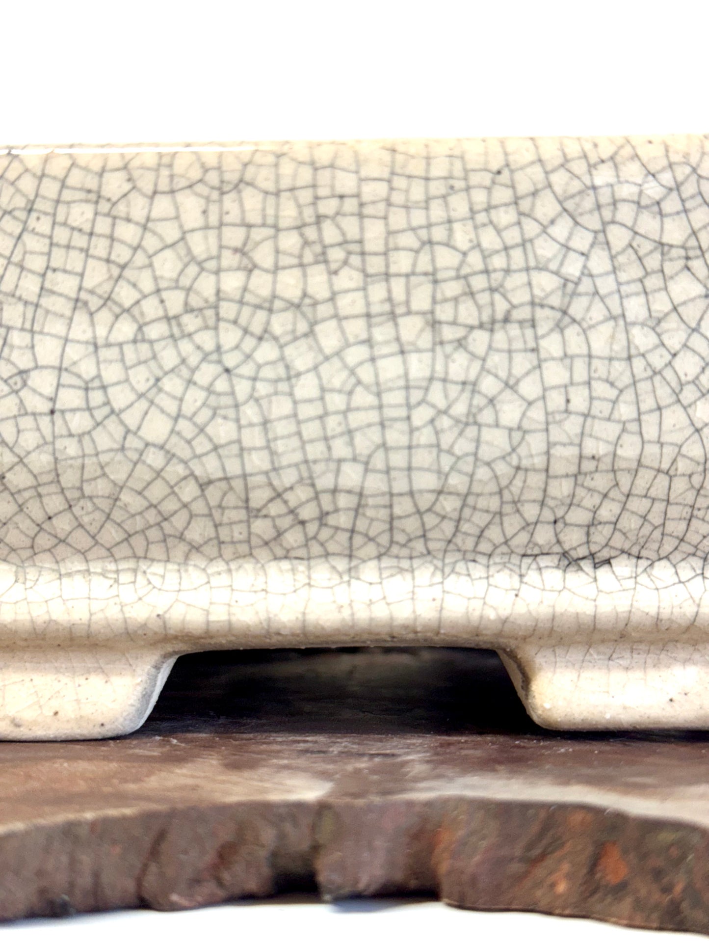 Chinese Yixing Bonsai Pot | Rectangle Crackled/ Inked Cream Glaze – 17.5cm
