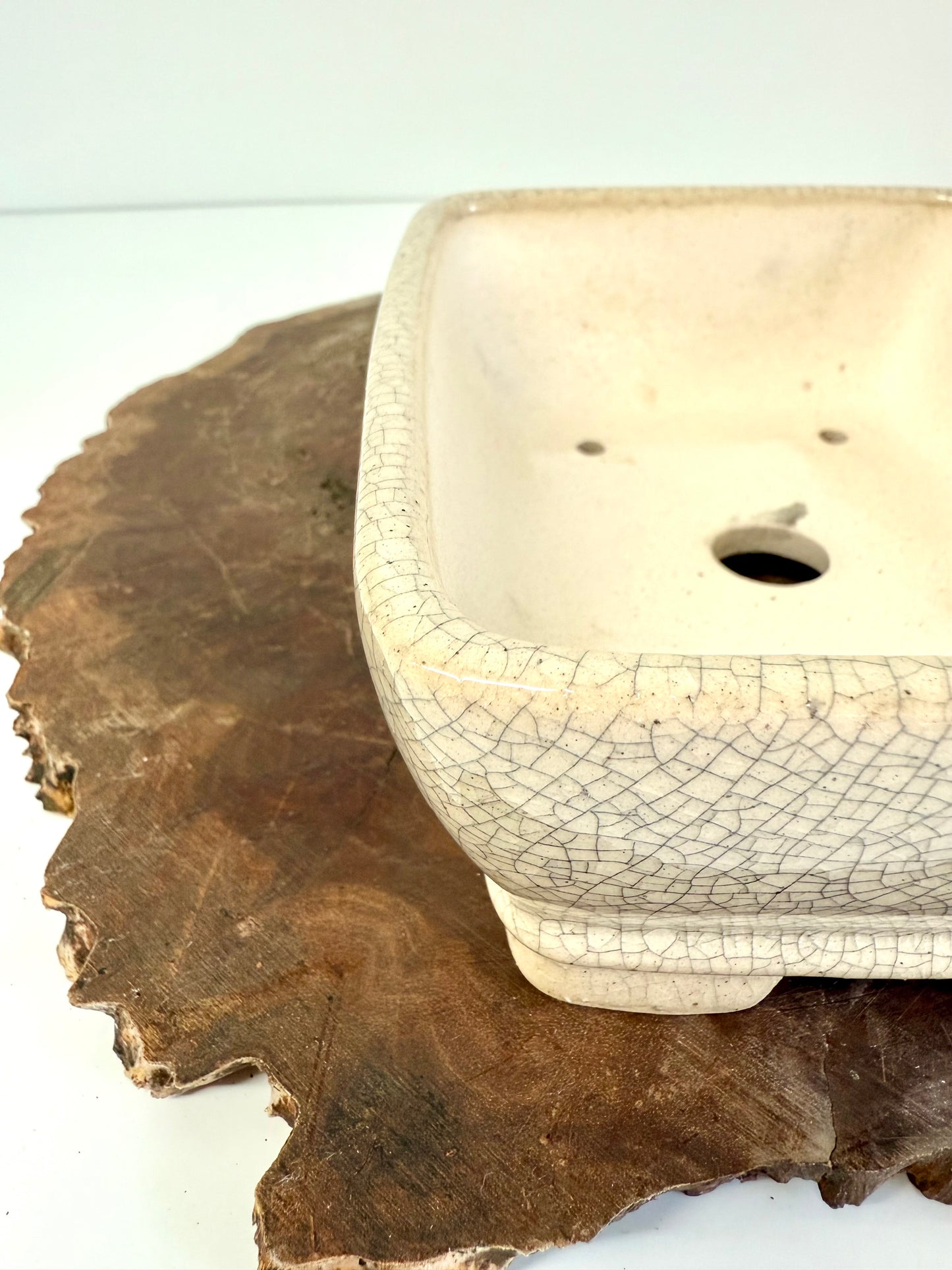 Chinese Yixing Bonsai Pot | Rectangle Crackled/ Inked Cream Glaze – 17.5cm