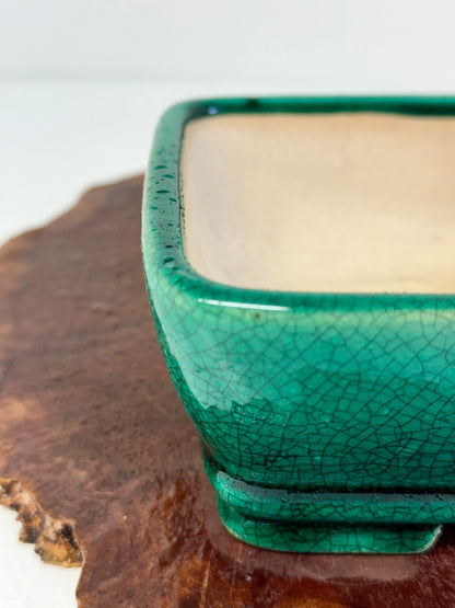 Chinese Yixing Bonsai Pot | Rectangle Crackled/ Inked Green Glaze – 17.5cm